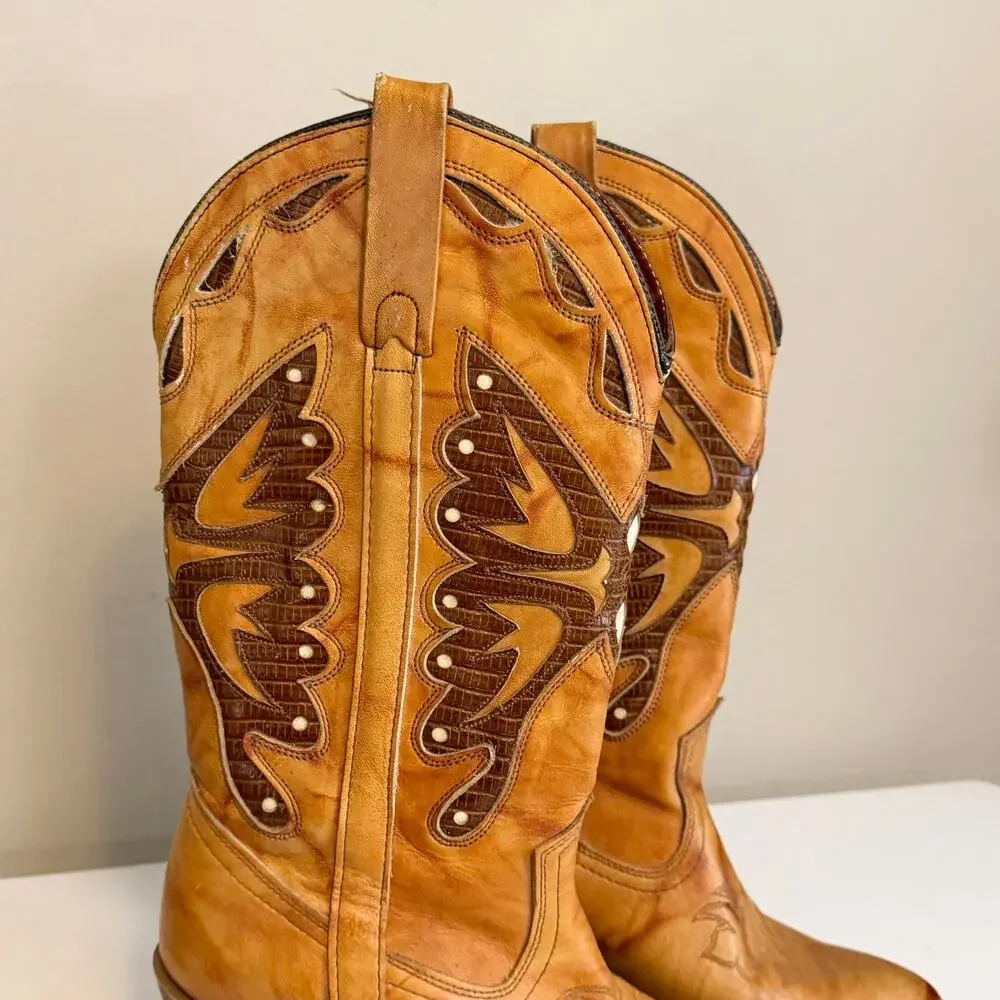 Miss Capezio Vintage Leather Inlay Western Cowboy Boots 8M Brown Festival USA